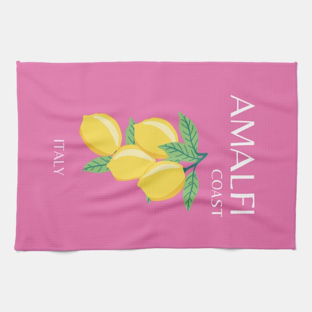 Amalfi Coast, Italy, Travel Art, Pink, Preppy Tea Towel (Horizontal)