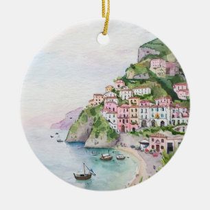 Amalfi Coast Italy Watercolor Ceramic Tree Decoration