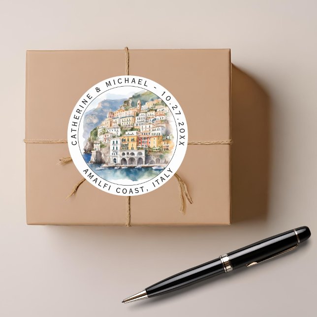 Amalfi Coast Italy Watercolor Destination Wedding  Classic Round Sticker (Creator Uploaded)