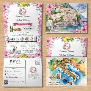 Amalfi Coast Italy Watercolor Destination Wedding  Tri-Fold Invitation