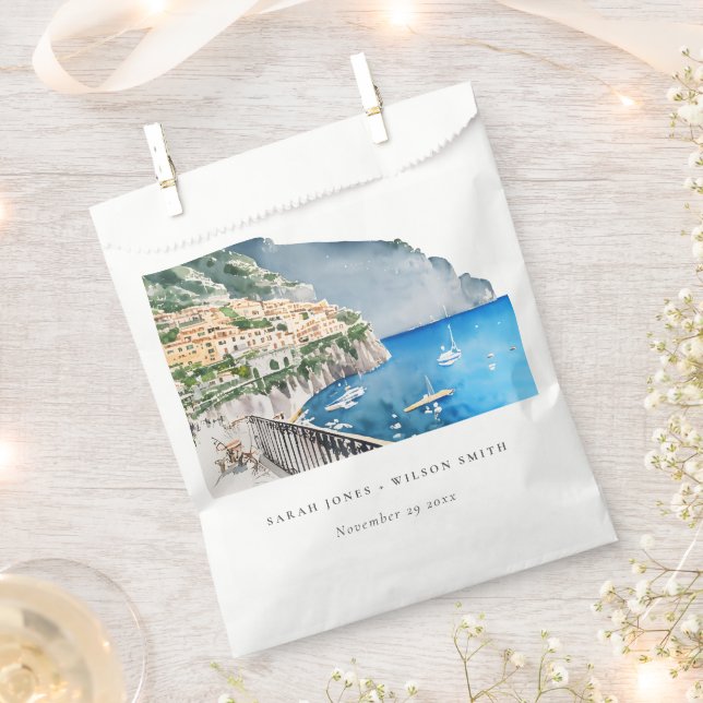 Amalfi Coast Italy Watercolor Landscape Wedding Favour Bags (Clipped)