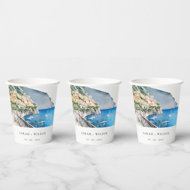 Amalfi Coast Italy Watercolor Landscape Wedding Paper Cups (Multi)