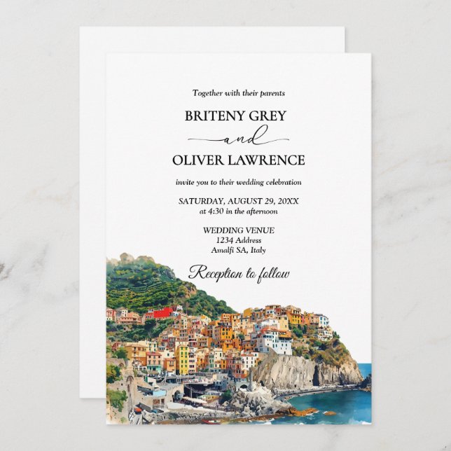 Amalfi Coast Italy Watercolor Skyline Wedding Invitation (Front/Back)