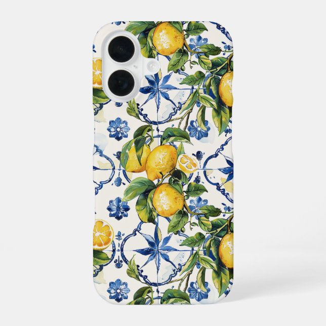 Amalfi Coast Lemon and Tiles Pattern iPhone 16 Case (Back)