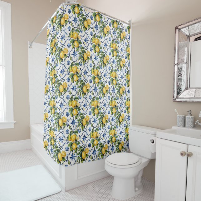 Amalfi Coast Lemon and Tiles Pattern Shower Curtain (In Situ)