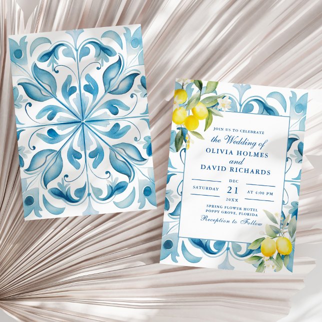 Amalfi Coast Lemon Blue Tile Wedding Invitation (Modern Elegant Blue Tile and Lemon Wedding Invitation on a sunny white dry palm leaf.)