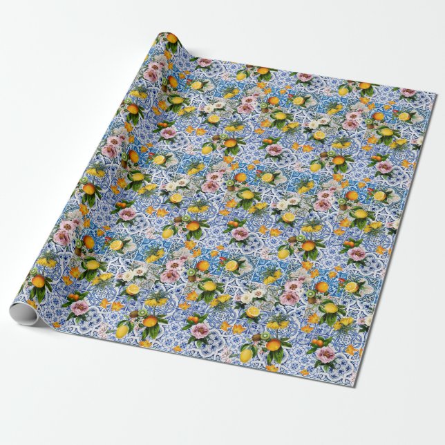 Amalfi Coast Lemon Bouquet Tiles Italy Wrapping Paper (Unrolled)