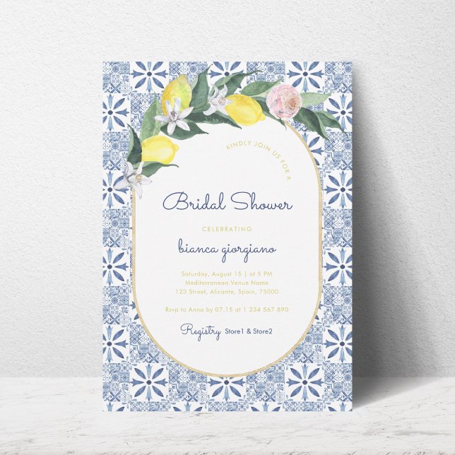 Amalfi Coast Lemon Floral Blue Tile Bridal Shower Invitation (Creator Uploaded)