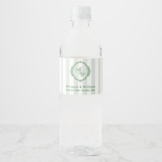 Amalfi Coast Lemon Sage Stripe Monogram Wedding Water Bottle Label