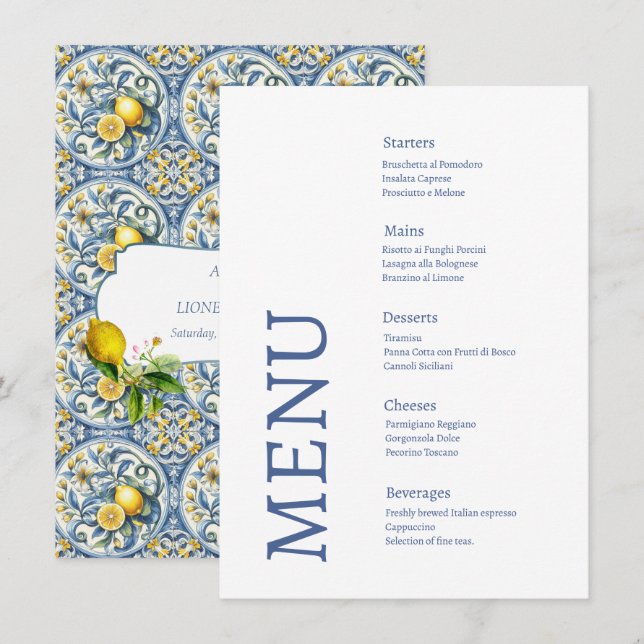 Amalfi Coast Lemon Tiles Italy Wedding Menu (Front/Back)