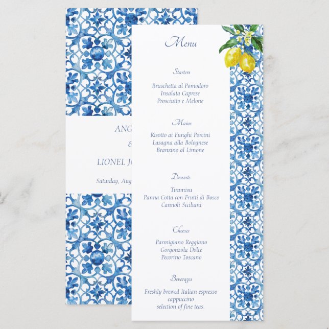 Amalfi Coast Lemon Tiles Italy Wedding Menu (Front/Back)