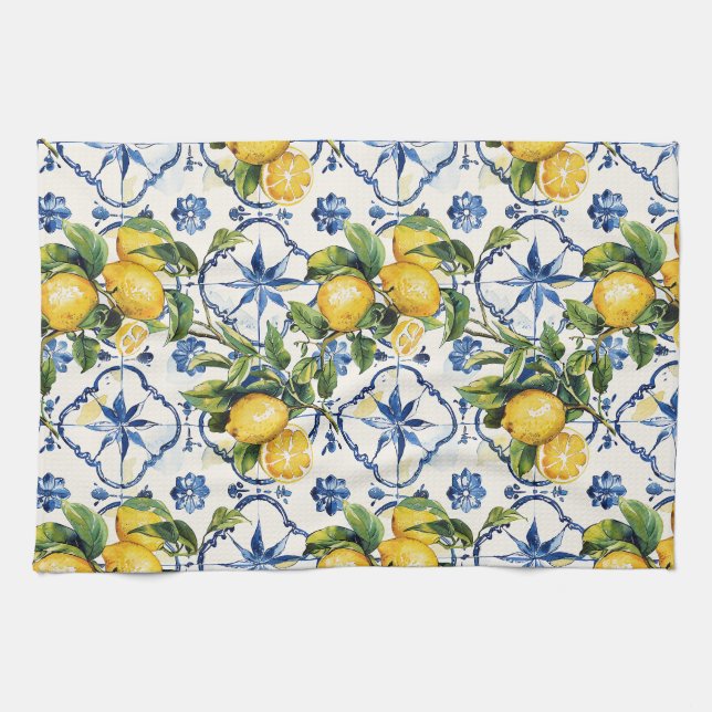 Amalfi Coast Lemons and Tiles Pattern Tea Towel (Horizontal)