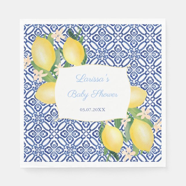 Amalfi Coast Lemons Italian Blue Tiles Baby Shower Napkin (Front)