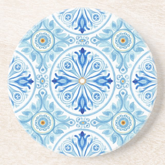 Amalfi Coast Mediterranean Blue Tile Sandstone Coaster (Front)