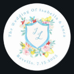 Amalfi Coast Mediterranean Monogram Crest Wedding Classic Round Sticker<br><div class="desc">Amalfi Coast Mediterranean Monogram Crest Wedding Classic Round Sticker
Matching items available.</div>