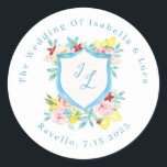 Amalfi Coast Mediterranean Monogram Crest Wedding Classic Round Sticker<br><div class="desc">Amalfi Coast Mediterranean Monogram Crest Wedding Classic Round Sticker
Matching items available.</div>