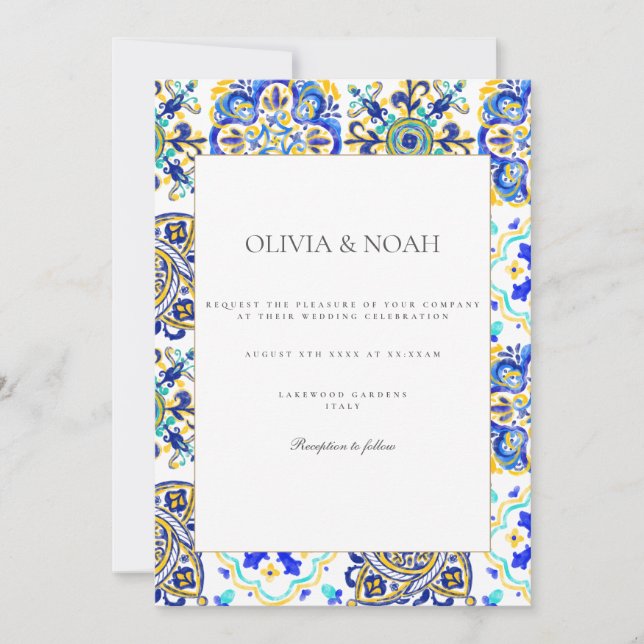 Amalfi Coast Mediterranean Tile Wedding Invitation (Front)
