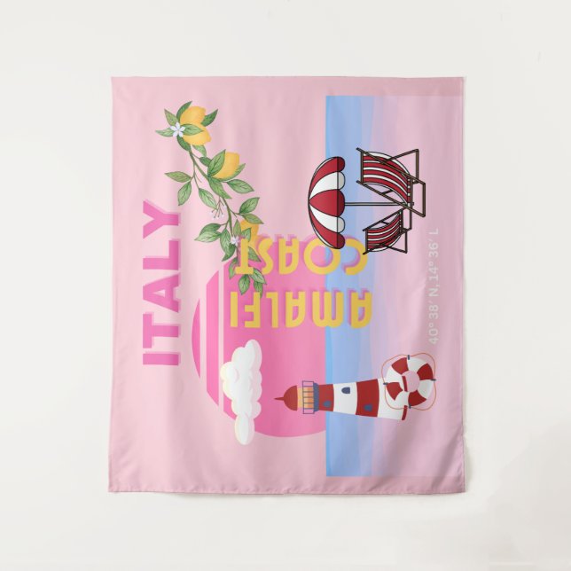 Amalfi Coast, Preppy Travel, Pink Tapestry (Front)