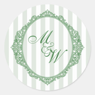Amalfi Coast Sage Stripe Crest Monogram Wedding Classic Round Sticker