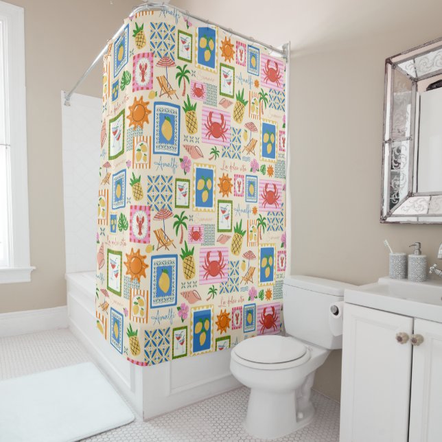 Amalfi Coast Summer Mediterranean Pattern  Shower Curtain (In Situ)