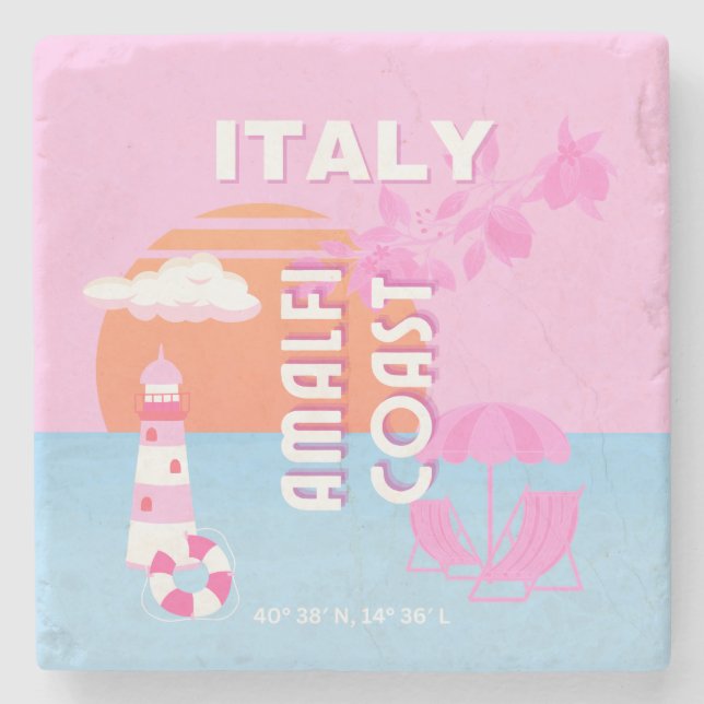Amalfi Coast Travel Art, Preppy Travel, Pink Stone Coaster (Front)