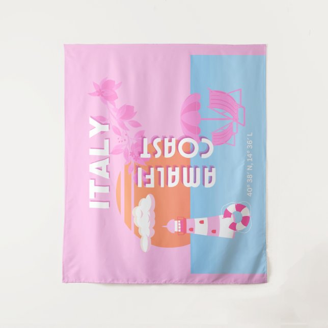 Amalfi Coast Travel Art, Preppy Travel, Pink Tapestry (Front)