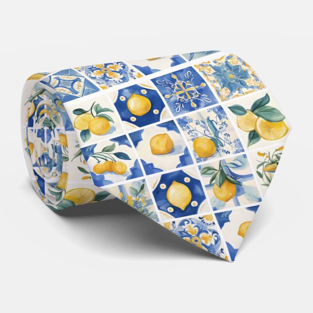 Amalfi Coast Watercolor Mediterranean Lemon Neck T Tie (Rolled)