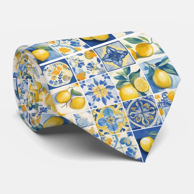 Amalfi Coast Watercolor Mediterranean Lemon Neck T Tie (Rolled)