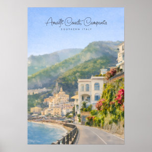 Amalfi Coast Watercolor Romantic Travel Keepsake Poster