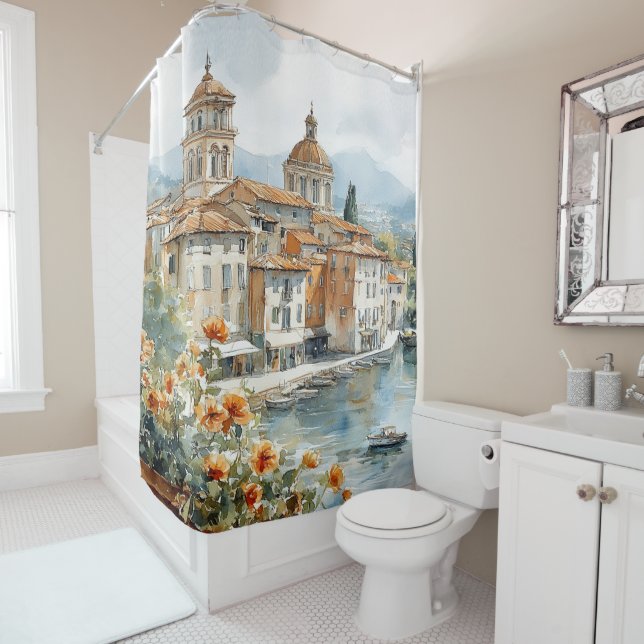 Amalfi Coast watercolor Shower Curtain (In Situ)