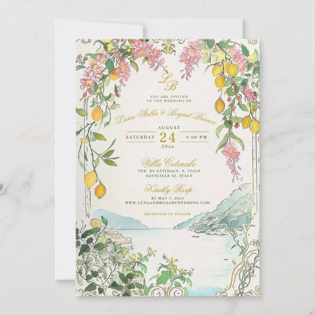 Amalfi Coast Wedding Invitation Custom Lemon Beach (Front)