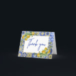 Amalfi Italian Blue Tile Citrus Lemon Script Thank You Card<br><div class="desc">Mediterranean-inspired design with bright blue and yellow Italian Amalfi coast-style tiles with watercolor-painted lemons and faux gold glitter arched frame.</div>