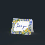 Amalfi Italian Blue Tile Citrus Lemon Script Thank You Card<br><div class="desc">Mediterranean-inspired design with bright blue and yellow Italian Amalfi coast-style tiles with watercolor-painted lemons and faux gold glitter arched frame.</div>