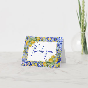 Amalfi Italian Blue Tile Citrus Lemon Script Thank You Card