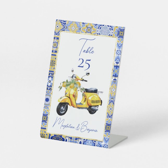 Amalfi Italian Blue Tile Scooter Lemons Wedding Pedestal Sign (Front)