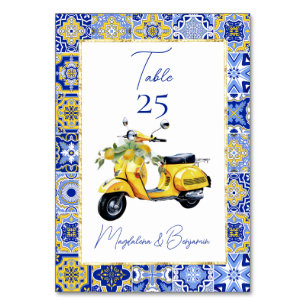 Amalfi Italian Blue Tile Scooter Lemons Wedding Table Number