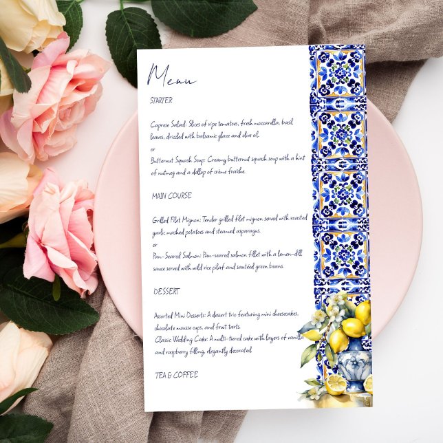 Amalfi Italian blue tiles lemon menu card template (Amalfi Italian blue tiles lemons menu card template personalized wedding tableware elegant menu card)