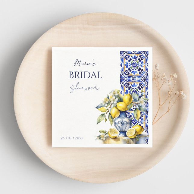 Amalfi Italian blue tiles lemons bridal template Napkin (Amalfi Italian Vietri blue tiles lemons bridal shower template Napkins personalized tableware decor)