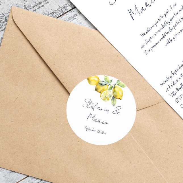Amalfi Italian blue tiles lemons template Classic Round Sticker (Italian Amlfi Vietri blue tiles and lemons wedding stickers bride and groom names envelope stickers)