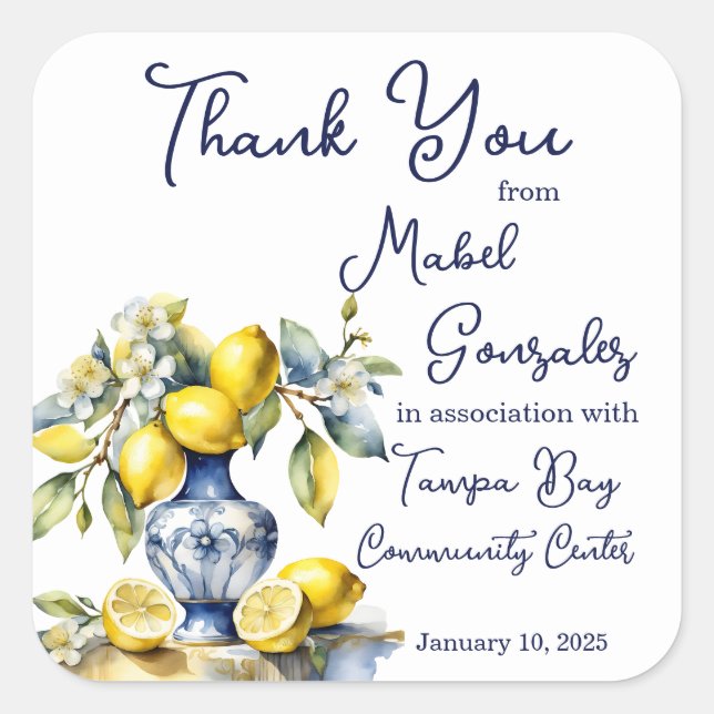 Amalfi Italian blue tiles lemons wedding favours Square Sticker (Front)