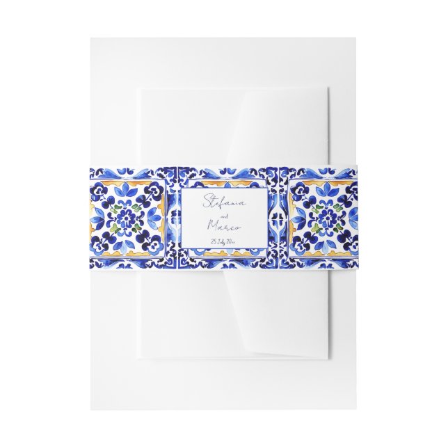 Amalfi Italian blue tiles lemons wedding Invitation Belly Band (Front Example)