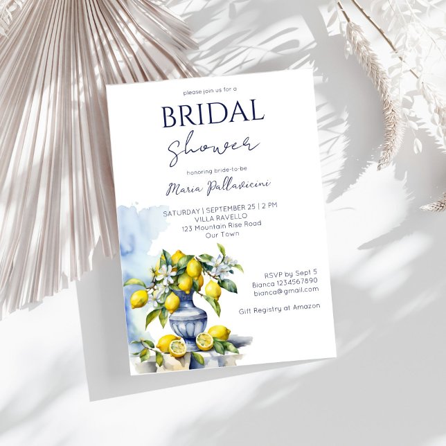 Amalfi Italian blue vase lemons bridal shower Invitation (Amalfi Italian blue ceramic vase with lemons bridal shower Invitation template instant download)