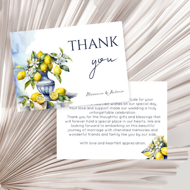 Amalfi Italian blue vase with lemons wedding Thank You Card (Amalfi Italian blue ceramic vase with lemons wedding Thank You Card Mediterranean themed)