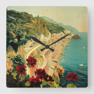Amalfi Italian Coast, Vintage Travel Poster Italy Square Wall Clock
