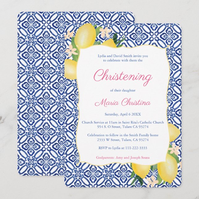 Amalfi Italian Lemons Girl Christening Celebration Invitation (Front/Back)