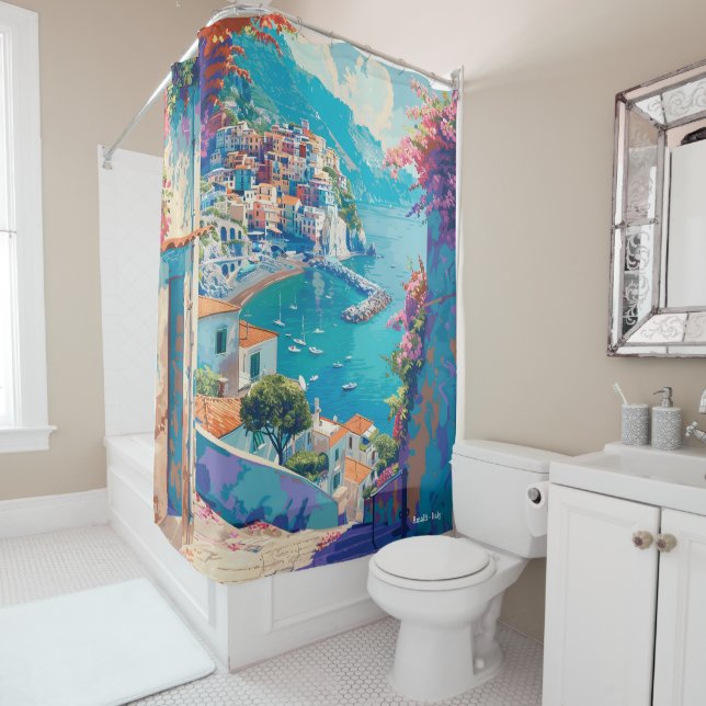 Amalfi Italy Art Vintage Illustration Travel Shower Curtain (In Situ)