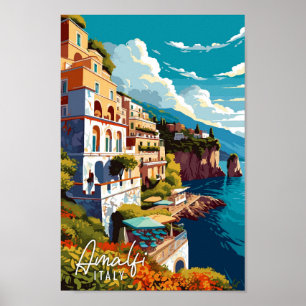 Amalfi Italy Art vintage travel illustration Poster