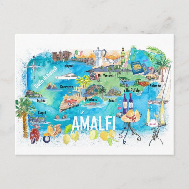 Amalfi Italy Illustrated Mediterranean Travel Map  Postcard (Front)