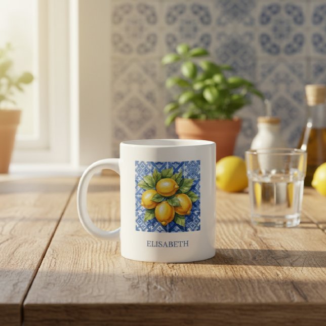 Amalfi Italy Lemon Blue White Tile Personalized Large Coffee Mug (Creator Uploaded)