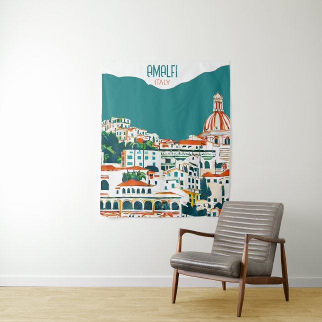Amalfi Italy Retro Travel Art Vintage Tapestry (In Situ)